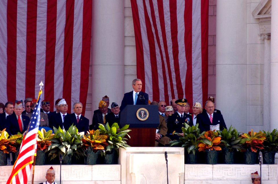 US Navy 041111-G-3024G-891 President George W. Bush speaks to Veterans and guests during a Veteran's Day ceremony held in the Memorial Amphitheater at Arlington National Cemetery, Va