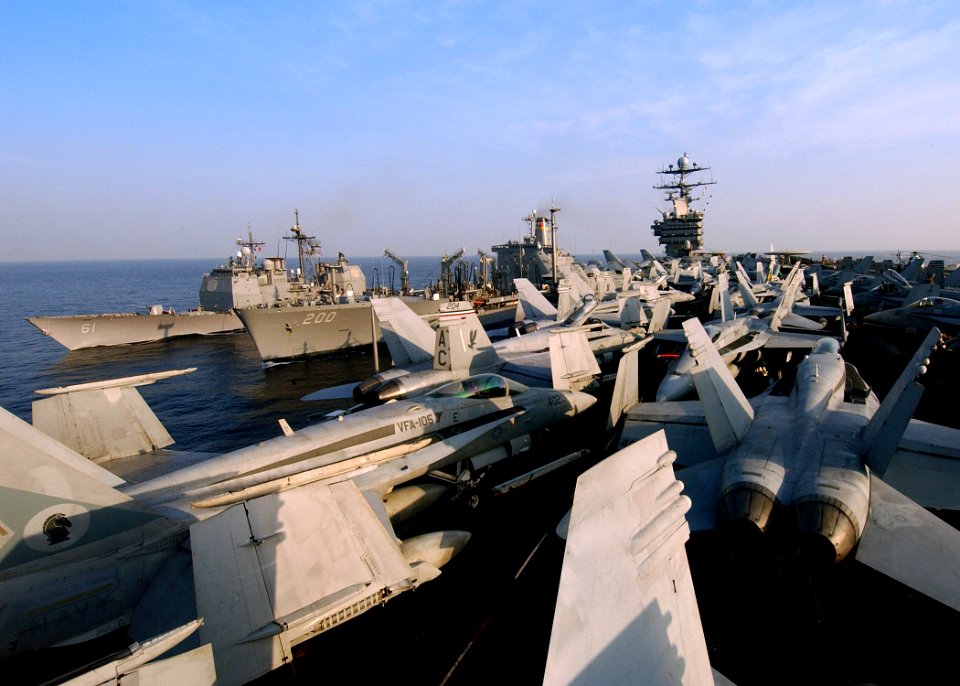US Navy 041120-N-5345W-220 The Nimitz-class aircraft carrier USS Harry S. Truman (CVN 75) conducts an underway replenishment with the Military Sealift Command (MSC) underway replenishment oiler USNS Guadalupe (T-AO 200) and the