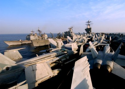 US Navy 041120-N-5345W-220 The Nimitz-class aircraft carrier USS Harry S. Truman (CVN 75) conducts an underway replenishment with the Military Sealift Command (MSC) underway replenishment oiler USNS Guadalupe (T-AO 200) and the