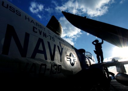 US Navy 041218-N-4308O-082 A Sailor assigned to the Zappers of Electronic Attack Squadron One Three Zero (VAQ-130) performs maintenance on the wing of an EA-6B Prowler