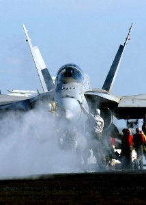 US Navy 041125-N-5345W-040 Flight deck personnel aboard the Nimitz-class aircraft carrier USS Harry S. Truman (CVN 75) perform final pre-flight checks on an F-A-18A assigned to the Silver Eagles of Marine Fighter Attack Squadro