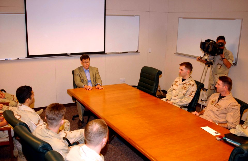 US Navy 041202-N-7469S-003 U.S. Senator James Talent (R-MO) addresses a group of Sailors from Missouri on board Naval Support Activity (NSA) Bahrain