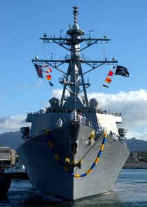 US Navy 041209-N-3019M-002 he Arleigh Burke-class guided missile destroyer USS Hopper (DDG 70) and her crew of more than 325 Sailors, returns to Pearl Harbor, Hawaii, following a six-month deployment in support of the Global Wa