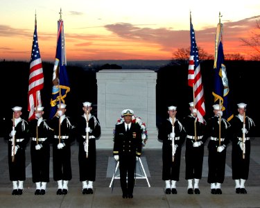 US Navy 041202-N-2147L-001 Sailors, assigned to the U.S. Navy's Ceremonial Guard, stand in formation in front of the Tomb of the Unknowns in Arlington National Cemetery, Va