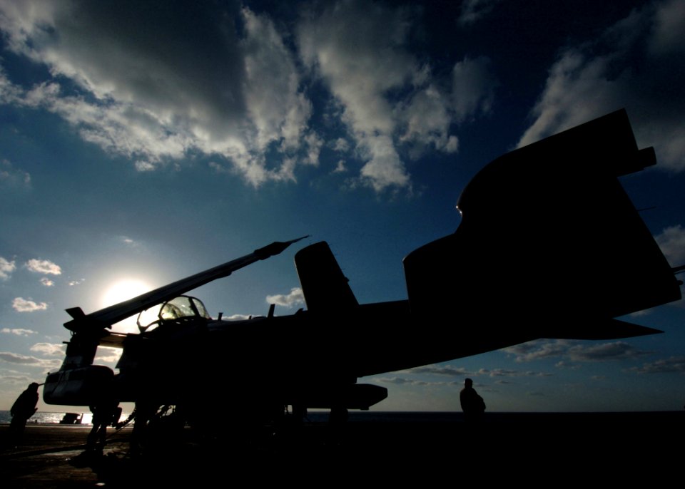 US Navy 041218-N-4308O-070 Sailors assigned to the Zappers of Electronic Attack Squadron One Three Zero (VAQ-130), perform maintenance on an EA-6B Prowler