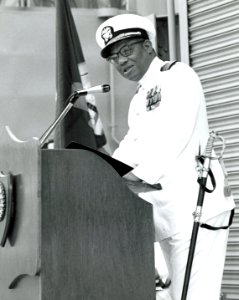US Navy 041221-N-0000X-002 Official U.S. Navy file photo of Capt. Samuel L. Gravely Jr., speaking at the ceremony marking his promotion to flag rank aboard USS Jouett (DLG 29) at San Diego, Calif