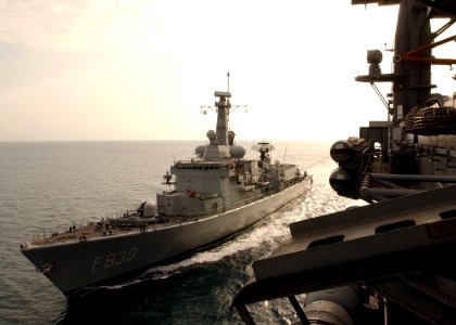 US Navy 041220-N-6363M-001 The Dutch frigate Tjerk Hiddes (F830) pulls alongside the Nimitz-class aircraft carrier USS Harry S. Truman (CVN 75) for a fuel transfer replenishment operation