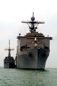 US Navy 041224-N-4772B-277 Mines countermeasure ship USS Dextrous (MCM 13) and the dock landing ship USS Harpers Ferry (LSD-49) conducts replenishment at sea in the Persian Gulf