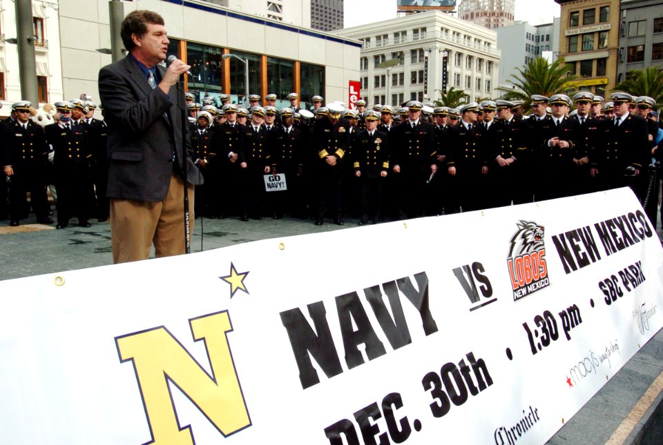 US Navy 041229-N-9693M-070 U.S. Naval Academy Head Football Coach Paul Johnson delivers remarks during a pep-rally in the San Francisco Union Square