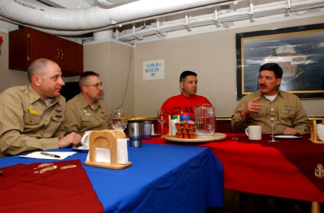 US Navy 050114-N-6363M-043 Master Chief Petty Officer of the Navy Terry Scott holds a meeting with the Command Master Chiefs assigned to USS Harry S. Truman (CVN 75) and embarked Carrier Air Wing Two (CVW-2)