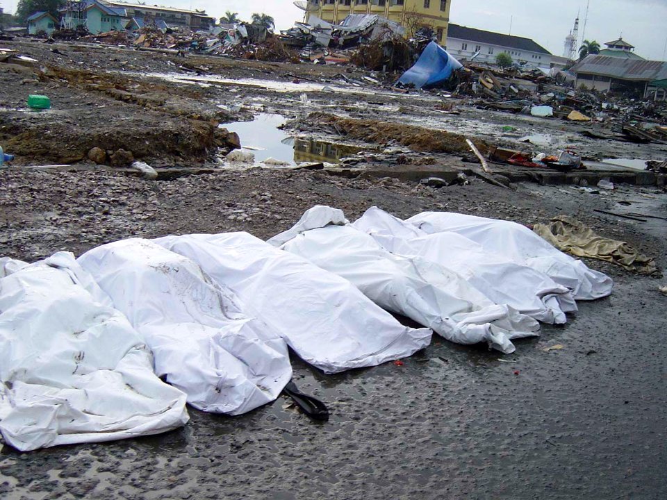 US Navy 050101-O-XXXXB-077 Trash and debris surround the bodies of deceased in down town Aceh, Sumatra following a massive Tsunami that struck the area on the 26th of December 2004