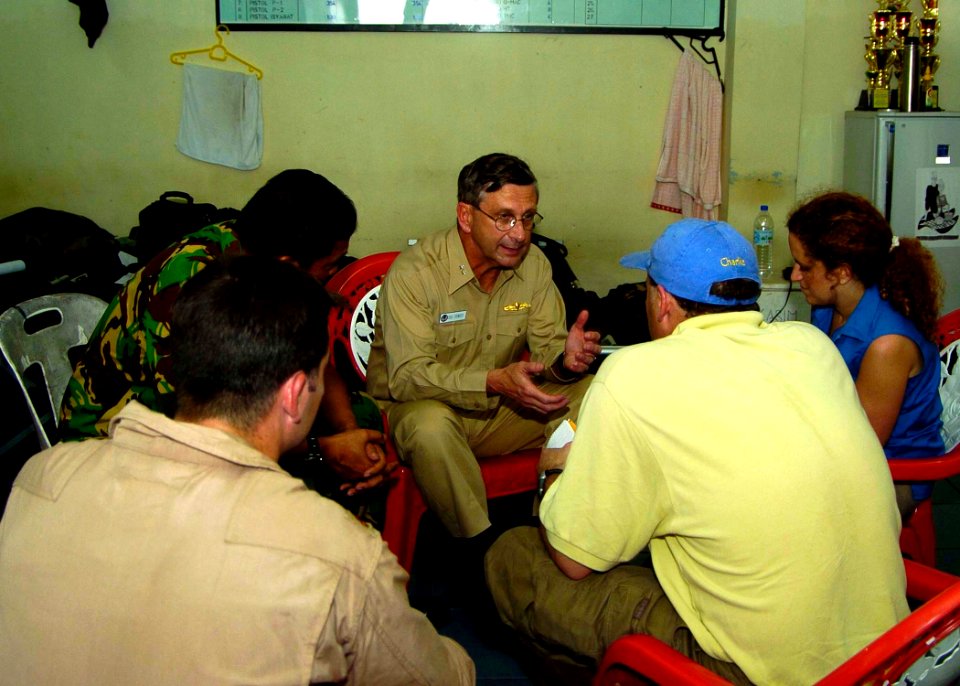 US Navy 050103-N-0057P-274 Commander, Carrier Strike Group Nine (CSG-9), Rear Adm. Doug Crowder, along with Indonesian Army Gen. Bambang speak with media about the U.S. humanitarian aide efforts in Aceh, Sumatra, Indonesia