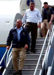 US Navy 050105-N-0057P-142 Secretary of State Colin Powell and Florida Governor Jeb Bush depart their plane after arriving in Banda Aceh, Sumatra, Indonesia, to speak with Indonesian President Susilo Yudhoyono about U.S. aide t