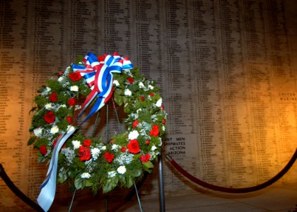 US Navy 041206-N-3019M-002 A wreath sits in the shrine room of the USS Arizona Memorial on the eve of the 63rd Commemoration of the Dec. 7, 1941 attack on Pearl Harbor