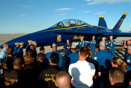 US Navy 050203-N-0962S-209 After receiving a flight in a Blue Angel F-A-18D Hornet, Master Chief Petty Officer of the Navy (MCPON) Terry Scott speaks to the pilots and maintenance team at the Blue Angels' winter training facil