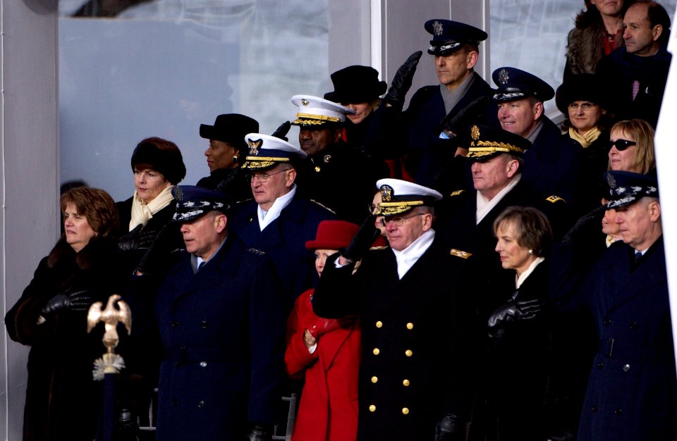 US Navy 050120-F-3231D-306 The Joint Chiefs of Staff and the Joint Task Force-Armed Forces Inaugural Committee (JTF-AFIC) Combatant Commanders stand at attention during the playing of the National Anthem at the 2005 Presidentia