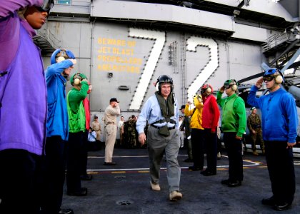 US Navy 050115-N-4166B-025 Deputy Secretary of Defense Paul Wolfowitz departs USS Abraham Lincoln (CVN 72) after visiting with the ship and her crew to discuss and congratulate their humanitarian efforts in Sumatra, Indonesia