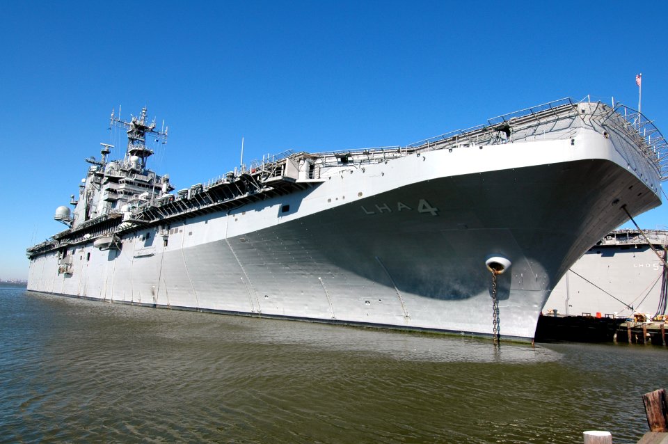 US Navy 050205-N-0295M-007 he amphibious assault ship USS Nassau (LHA 4) sits moored in port on board Naval Station Norfolk, Va