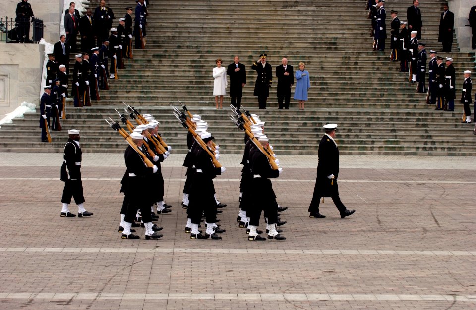US Navy 050120-G-3024G-247 Sailors of the U.S. Navy Ceremonial Honor Guard pass in review at the East Front of the U.S. Capitol during the 2005 Presidential Inaugural held in Washington, D.C
