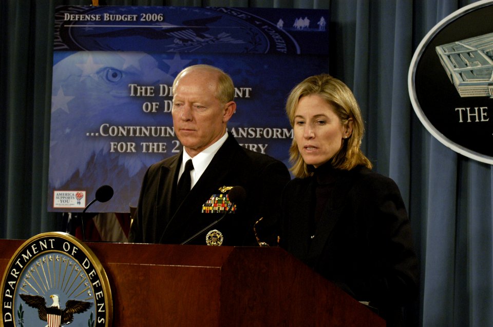 US Navy 050207-D-2987S-138 Under Secretary of Defense Tina W. Jonas, right, and Director for Force Structures, Resources and Assessment, J8, Vice Adm. Robert F. Willard, brief reporters in the Pentagon on the Department of Defe