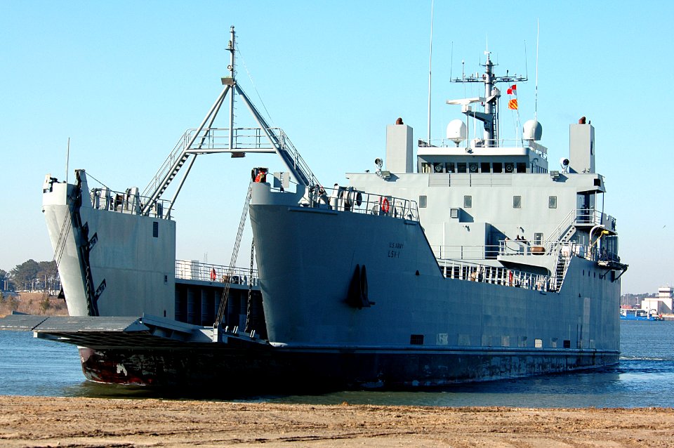 US Navy 050205-N-0295M-016 The U.S. Army logistic support vessel General Frank S. Besson Jr. (LSV 1) drops its bow ramp on a beach on board Naval Amphibious Base (NAS) Little Creek, Va., during a training evolution