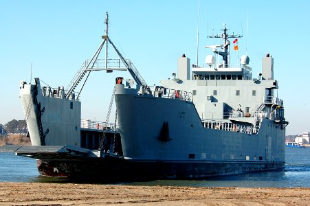 US Navy 050205-N-0295M-016 The U.S. Army logistic support vessel General Frank S. Besson Jr. (LSV 1) drops its bow ramp on a beach on board Naval Amphibious Base (NAS) Little Creek, Va., during a training evolution