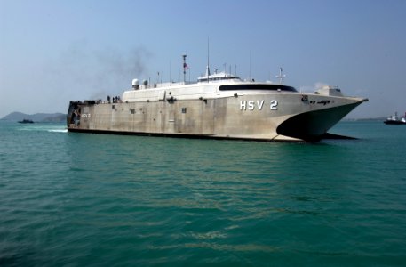 US Navy 050207-N-3642E-002 The High Speed Vessel Two (HSV-2) Swift prepares to dock at the Chuc Sumet Port in Sattahip, Thailand