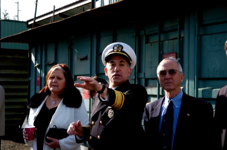US Navy 050205-N-7676W-657 Chief of Naval Research, Rear Adm. Jay M. Cohen, center, conducts a tour of the experimental Littoral Surface Craft-Experimental (X-Craft), Sea Fighter (FSF 1), for Secretary of the Navy (SECNAV) Gord