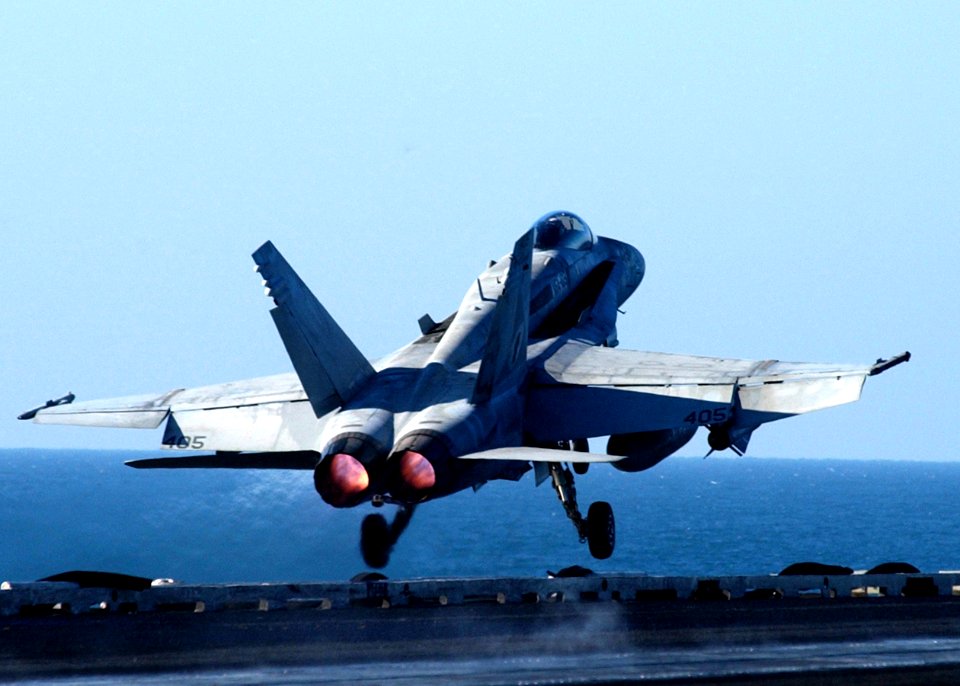 US Navy 041223-N-6363M-015 An F-A-18C Hornet assigned to the Gunslingers of Strike Fighter Squadron One Zero Five (VFA-105), launches from one of the four steam powered catapults