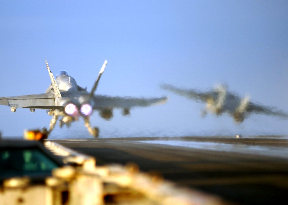 US Navy 050121-N-4308O-098 An F-A-18C Hornet assigned to the Bulls of Strike Fighter Squadron Three Seven (VFA-37) launches