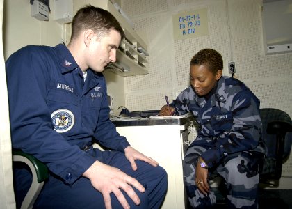 US Navy 050209-N-7202W-002 Hospital Corpsman 3rd Class Tanya Doss, right, evaluates a patient aboard the amphibious assault ship USS Iwo Jima (LHD 7)