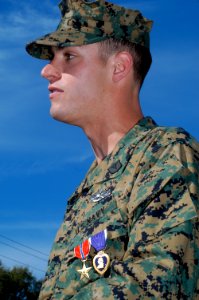 US Navy 050209-N-0000X-002 U.S. Navy Hospital Corpsman 3rd Class Andrew R. Slaughter received the Bronze Star medal with V for valor and a Purple Heart medal at a ceremony held on board Camp Pendleton, Calif