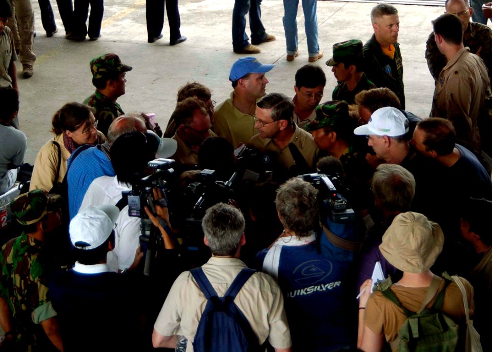 US Navy 050103-N-0057P-190 Commander, Carrier Strike Group Nine (CSG-9), Rear Adm. Doug Crowder, along with Indonesian Army Gen. Bambang speak with media about the U.S. humanitarian aide efforts in Aceh, Sumatra, Indonesia