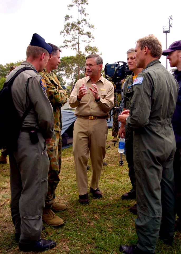 US Navy 050103-N-0057P-438 Commander, Carrier Strike Group Nine (CSG-9), Rear Adm. Doug Crowder, speaks with a members of the Australian Royal Army in Aceh, Sumatra, Indonesia