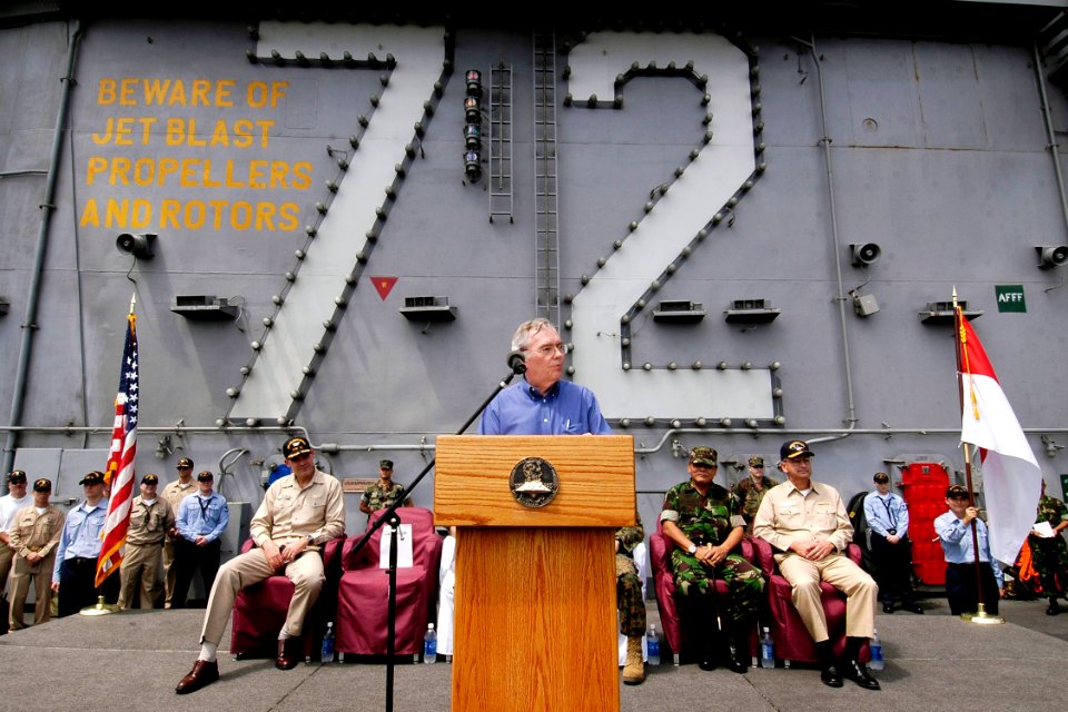 US Navy 050203-N-4166B-081 U.S. Ambassador to Indonesia, the Honorable Lynn Pascoe, gives a speech to the crew of USS Abraham Lincoln (CVN 72) and embarked Carrier Air Wing Two (CVW-2)