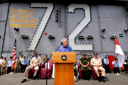 US Navy 050203-N-4166B-081 U.S. Ambassador to Indonesia, the Honorable Lynn Pascoe, gives a speech to the crew of USS Abraham Lincoln (CVN 72) and embarked Carrier Air Wing Two (CVW-2)