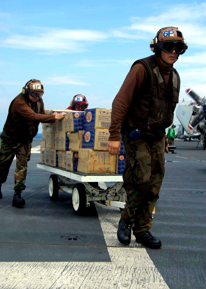 US Navy 050104-N-6074Y-151 Sailors assigned to Carrier Air Wing Two (CVW-2) use a weapons skid to transport boxes of water to an awaiting SH-60 Seahawk helicopter en route to Aceh, Sumatra, Indonesia, carrying relief supplies