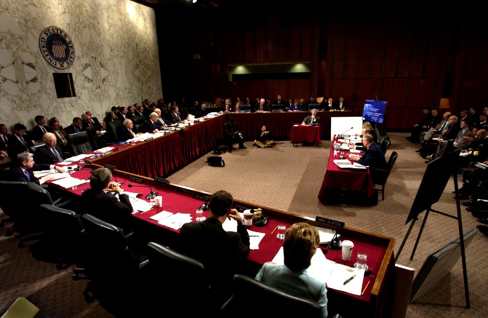 US Navy 050217-F-7203T-180 Secretary of Defense Donald H. Rumsfeld, Gen. Richard B. Myers and Tina Jonas testify before the Senate Armed Services Committee