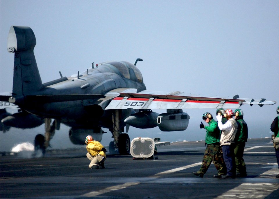 US Navy 050126-N-6363M-010 An EA-6B Prowler assigned to the Zappers of Electronic Attack Squadron One Three Zero (VAQ-130) is launched off one of the four steam-powered catapults