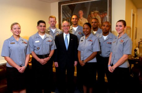 US Navy 050218-N-2568S-003 Secretary of the Navy Gordon England meets with several Task Force Uniform volunteers to find out what they think about the new test uniforms