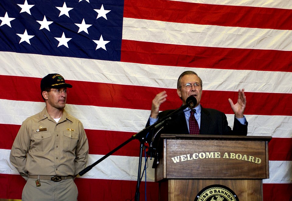 US Navy 050209-F-7203T-193 Secretary of Defense (SECDEF) Donald H. Rumsfeld addresses the crew during an award ceremony aboard the Spruance-class destroyer USS O'Bannon (DD 987) in Nice, France