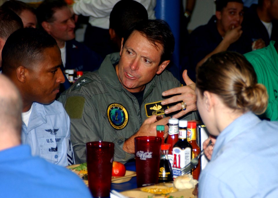 US Navy 050208-N-0380T-018 Deputy Commander and Chief of Staff, U.S. Pacific Fleet, Rear Adm. John Jay Donnell, has lunch aboard the Nimitz-class aircraft carrier USS Carl Vinson (CVN 70)