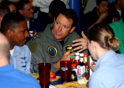 US Navy 050208-N-0380T-018 Deputy Commander and Chief of Staff, U.S. Pacific Fleet, Rear Adm. John Jay Donnell, has lunch aboard the Nimitz-class aircraft carrier USS Carl Vinson (CVN 70)