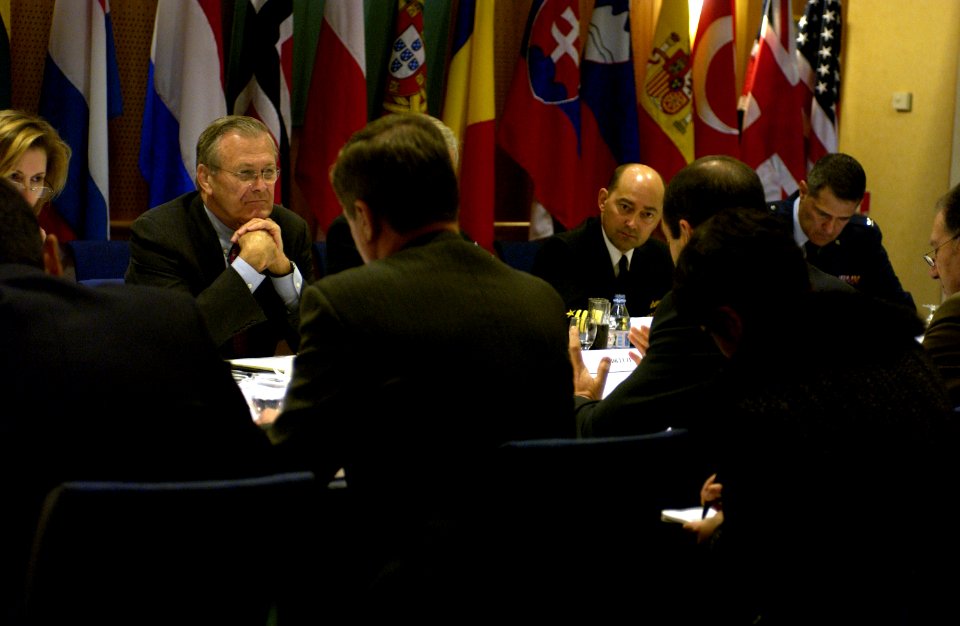 US Navy 050209-F-7203T-361 Secretary of Defense Donald H. Rumsfeld attends a bilateral meeting with Spanish Minister of Defense Jose Bono Martinez in Nice, France