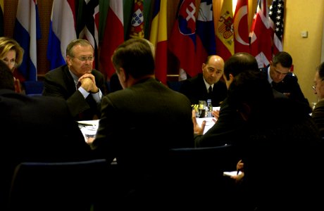 US Navy 050209-F-7203T-361 Secretary of Defense Donald H. Rumsfeld attends a bilateral meeting with Spanish Minister of Defense Jose Bono Martinez in Nice, France