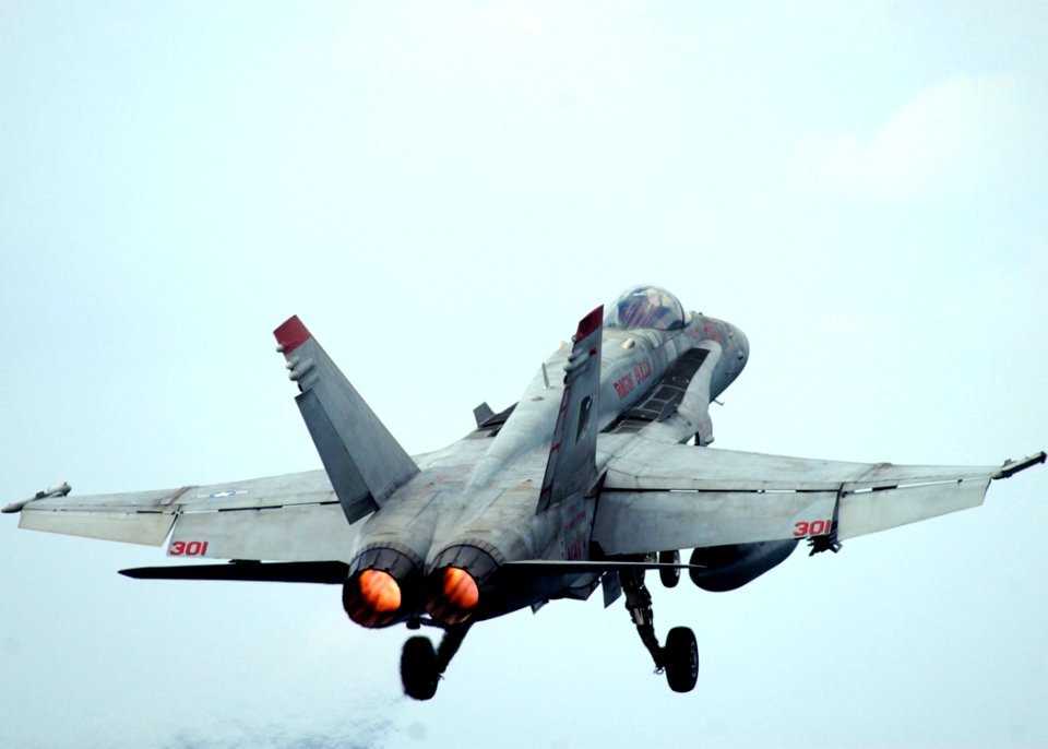 US Navy 050209-N-6363M-007 An F-A-18C Hornet, assigned to the Gunslingers of Strike Fighter Squadron One Zero Five (VFA-105), launches off the flight deck aboard the Nimitz-class aircraft carrier USS Harry S. Truman (CVN 75)