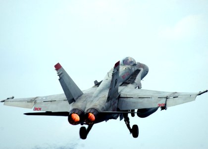 US Navy 050209-N-6363M-007 An F-A-18C Hornet, assigned to the Gunslingers of Strike Fighter Squadron One Zero Five (VFA-105), launches off the flight deck aboard the Nimitz-class aircraft carrier USS Harry S. Truman (CVN 75)