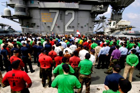 US Navy 050203-N-4166B-084 U.S. Ambassador to Indonesia, the Honorable Lynn Pascoe, gives a speech to the crew of USS Abraham Lincoln (CVN 72) and embarked Carrier Air Wing Two (CVW-2)
