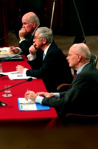 US Navy 050303-N-2568S-085 Secretary of the Army Francis Harvey, Secretary of the Navy Gordon England, and Acting Secretary of the Air Force Peter Teets answer questions from members of the Senate Armed Services Committee