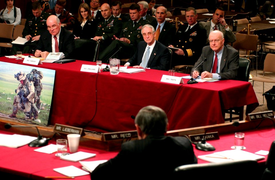 US Navy 050303-N-2568S-075 Secretary of the Army Francis Harvey, Secretary of the Navy Gordon England, and Acting Secretary of the Air Force Peter Teets answer questions from members of the Senate Armed Services Committee